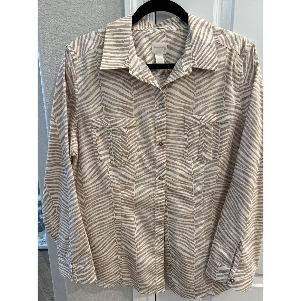 Chico's Top Womens 2,US Large Beige Zebra Stripe Gauzy Button Collar Long Sleeve
